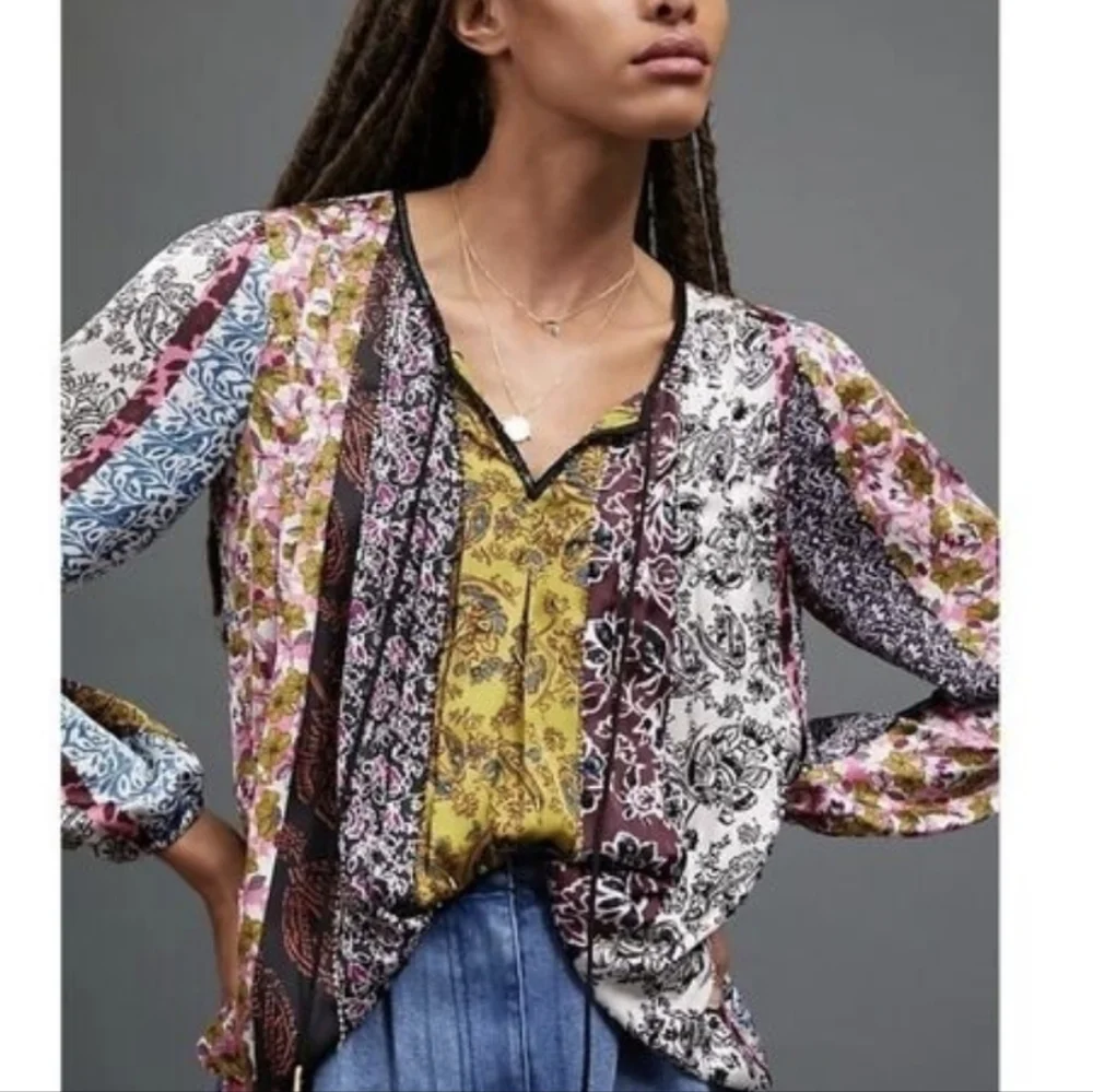 Anthropologie Daniel Rainn Corinne Beaded Sequin Mixed Blouse Peasant Top Large - Picture 1 of 9